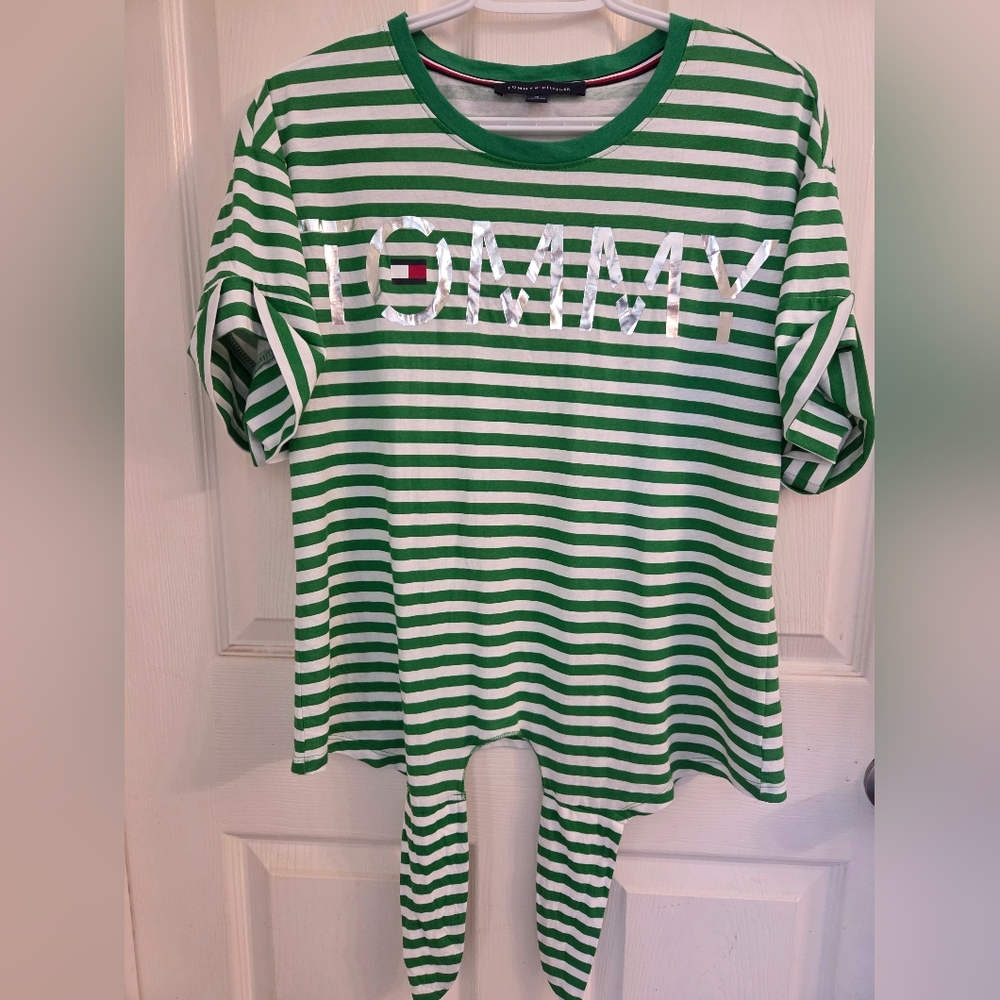 Tie Front Striped Metallic Silver Tommy T-Shirt
